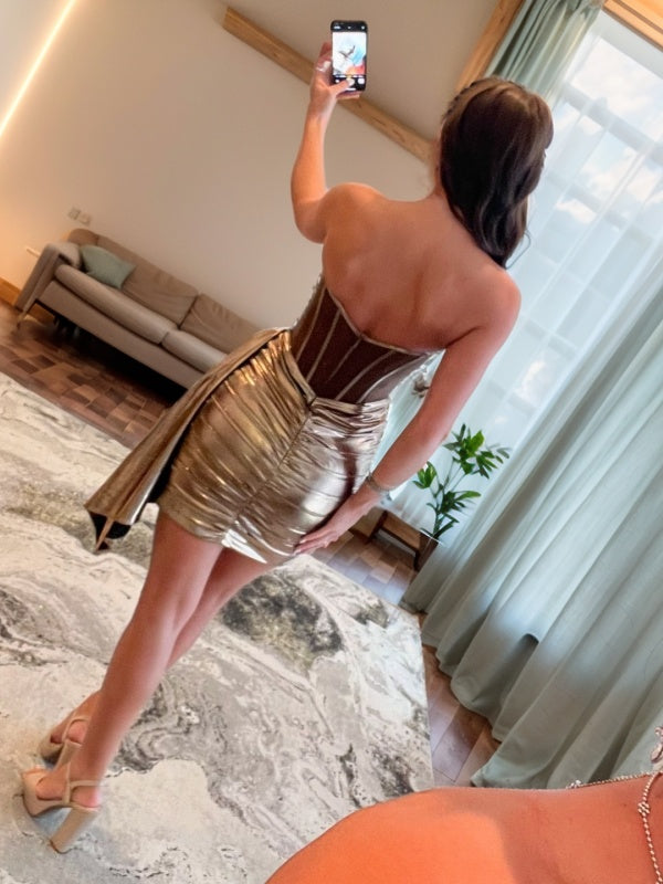 Sheath Sweetheart Pleated Short/Mini Metallic Satin Corset Dress