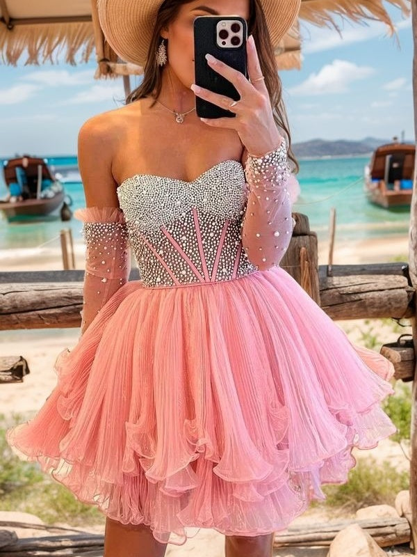 A-line Sweetheart Long Sleeves Rhinestone Short/Mini Tulle Corset Dress