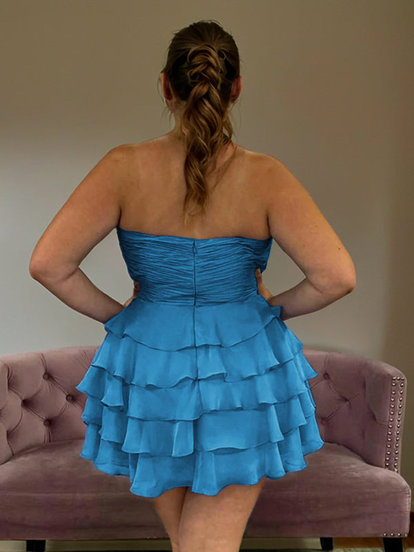 A-line Sweetheart Cascading Ruffles Short/Mini Chiffon Corset Dress