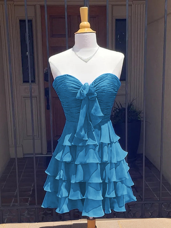 A-line Sweetheart Cascading Ruffles Short/Mini Chiffon Corset Dress