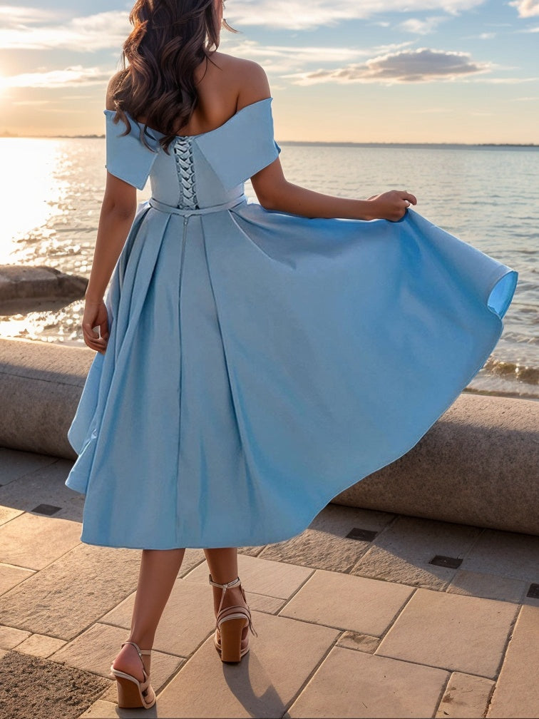 A-line Off-the-Shoulder Ruffles Tea-Length Satin Corset Dress