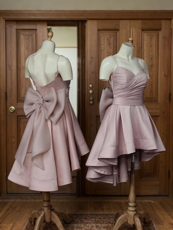 A-line Spaghetti Straps Bow Asymmetrical Satin Corset Dress