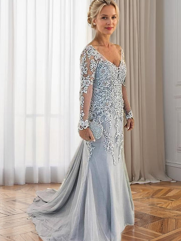 Sheath V-neck Long Sleeves Appliques Lace Sweep Train Tulle Mother of the Bride Dress