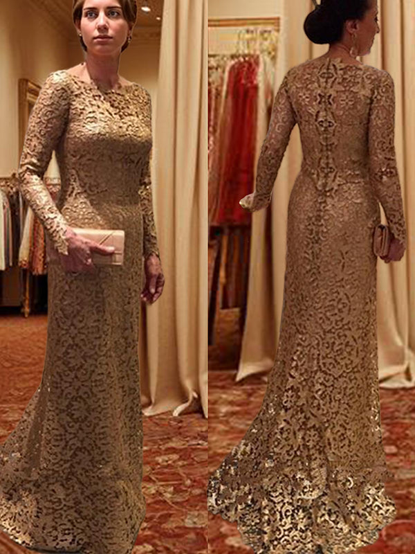 Sheath Scoop Long Sleeves Appliques Lace Sweep Train Lace Mother of the Bride Dress