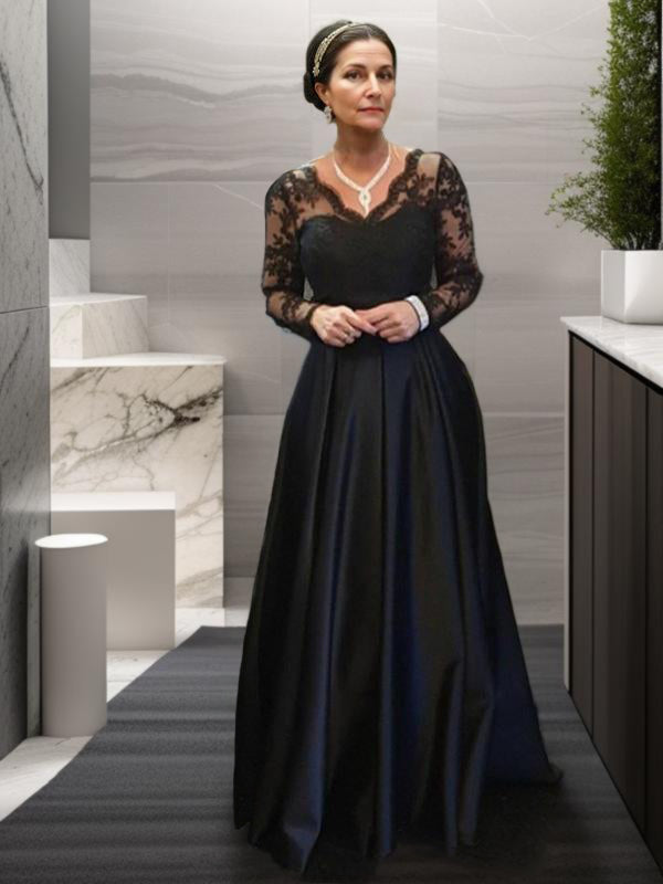 A-line V-neck Long Sleeves Appliques Lace Sweep Train Satin Mother of the Bride Dress