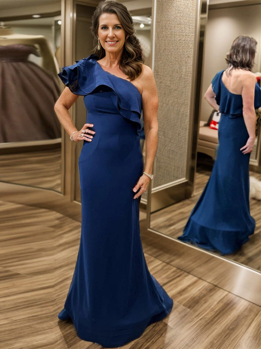 Sheath One-Shoulder Ruffles Sweep Train Stretch Crepe Mother of the Bride Dress