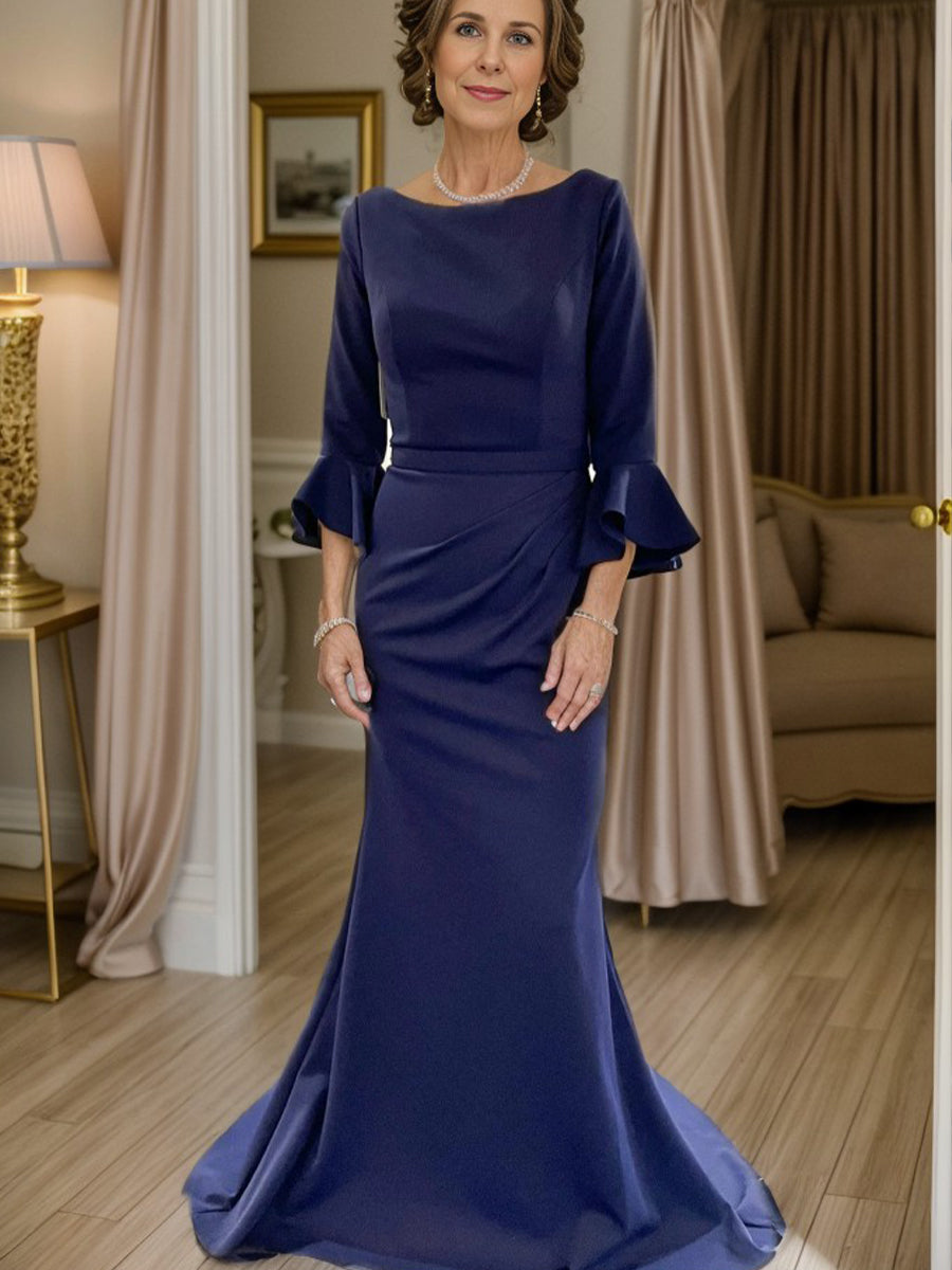 Sheath Scoop 3/4 Sleeves Pleated Sweep Train Charmeuse Mother of the Bride Dress