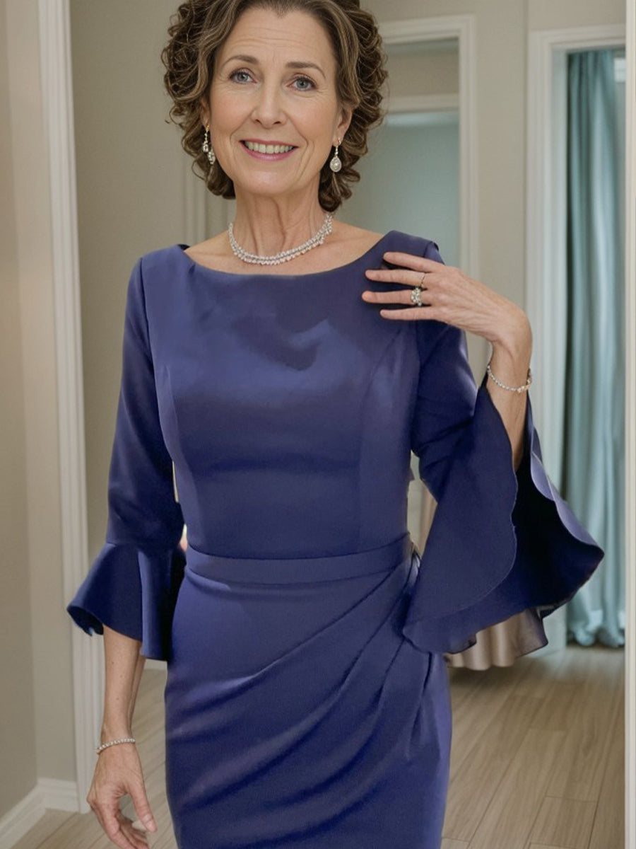 Sheath Scoop 3/4 Sleeves Pleated Sweep Train Charmeuse Mother of the Bride Dress