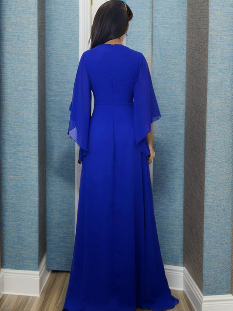 A-line V-neck 3/4 Sleeves Pleated Floor-Length Chiffon Mother of the Bride Dress