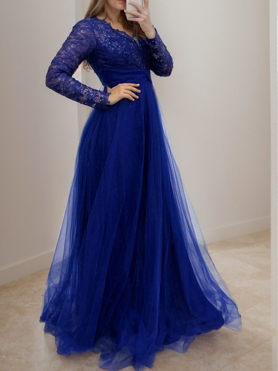 A-line V-neck Long Sleeves Appliques Lace Floor-Length Tulle Mother of the Bride Dress
