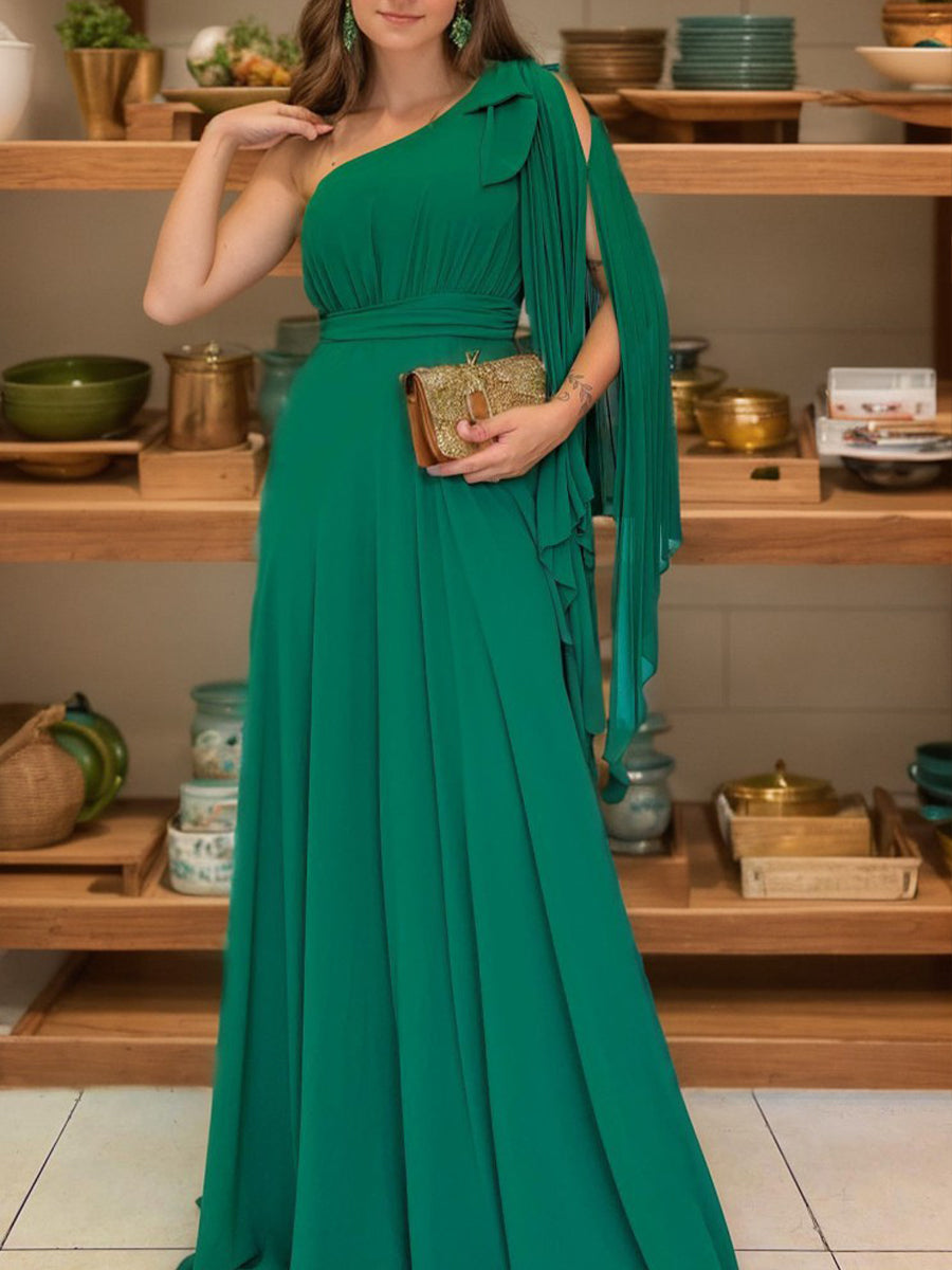 A-line One-Shoulder Pleated Floor-Length Chiffon Mother of the Bride Dress