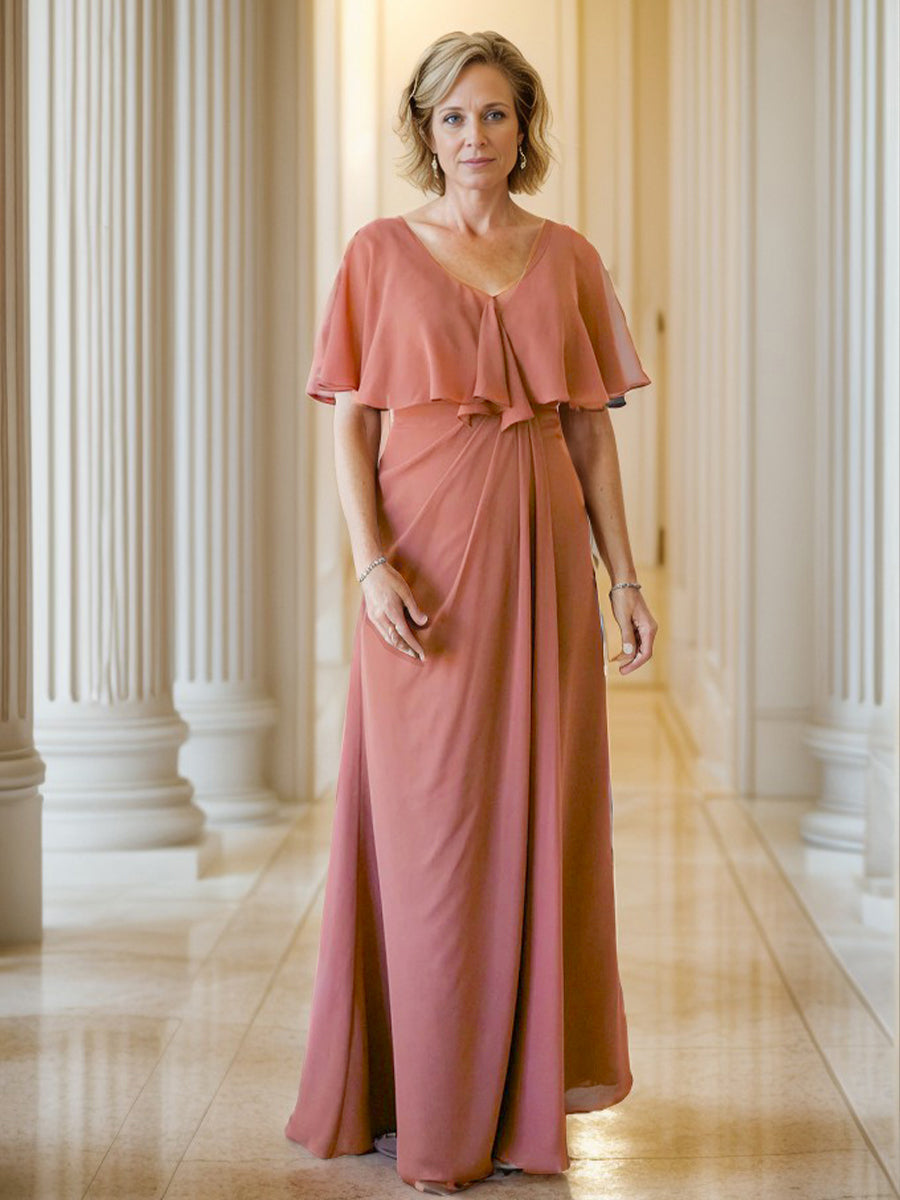 A-line Scoop Short Sleeves Pleated Floor-Length Chiffon Mother of the Bride Dress