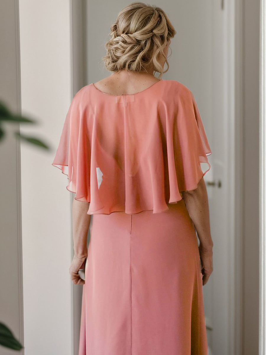 A-line Scoop Short Sleeves Pleated Floor-Length Chiffon Mother of the Bride Dress