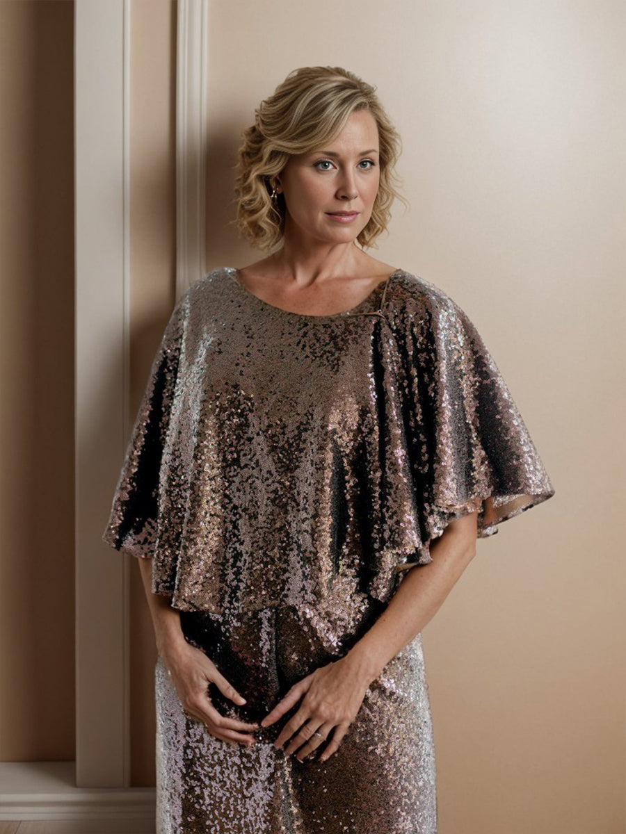 Sheath Scoop Short Sleeves  Floor-Length Sequins Mother of the Bride Dress