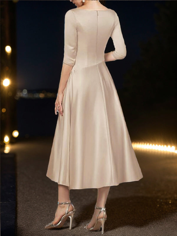 A-line V-neck 3/4 Sleeves Pleated Tea-Length Satin Mother of the Bride Dress