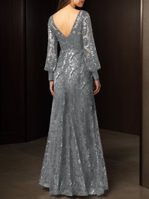 Sheath Bateau Long Sleeves Sequin Floor-Length Chiffon Mother of the Bride Dress