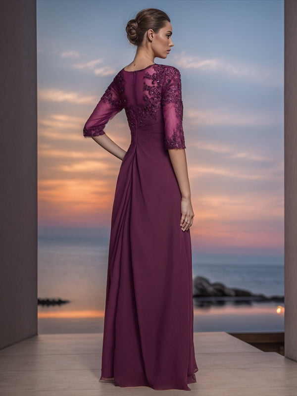 A-line Bateau 1/2 Sleeves Ruffles Floor-Length Chiffon Mother of the Bride Dress