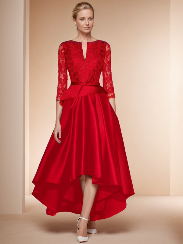 A-line Bateau 3/4 Sleeves Ruffles Asymmetrical Satin Mother of the Bride Dress