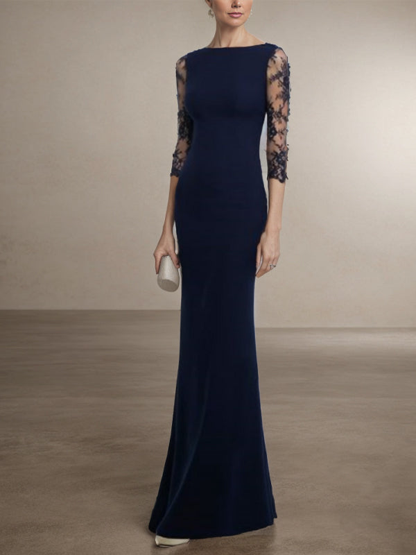 Sheath Bateau 3/4 Sleeves Applique Floor-Length Stretch Crepe Mother of the Bride Dress