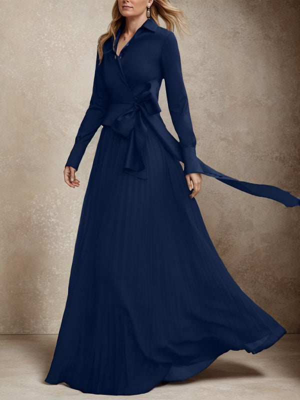A-line V-neck Long Sleeves Bow Floor-Length Two Piece Chiffon Mother of the Bride Dress