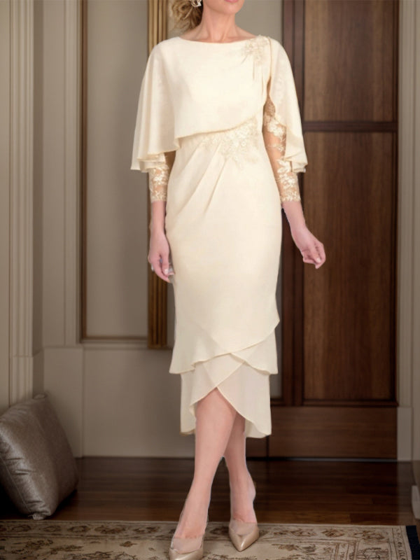Sheath Bateau 3/4 Sleeves Applique Tea-Length Chiffon Mother of the Bride Dress