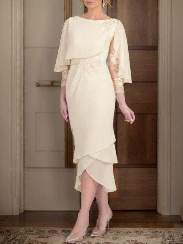 Sheath Bateau 3/4 Sleeves Applique Tea-Length Chiffon Mother of the Bride Dress