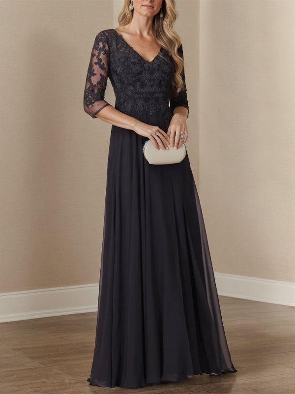A-line V-neck 3/4 Sleeves Ruffles Floor-Length Chiffon Mother of the Bride Dress
