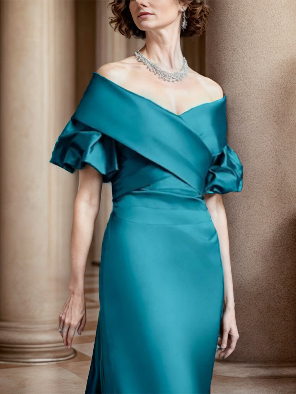 Sheath Off-the-Shoulder Short Sleeves Pleated Floor-Length Satin Mother of the Bride Dress