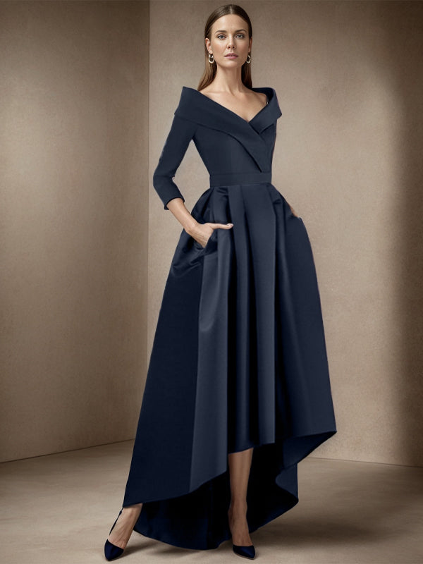 A-line V-neck 3/4 Sleeves Pleated Asymmetrical Satin Mother of the Bride Dress