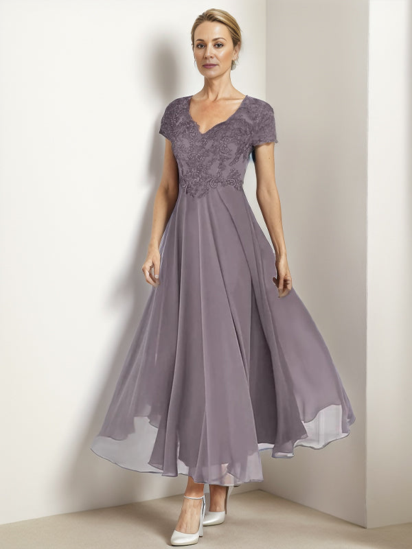 A-line V-neck Short Sleeves Ruffles Ankle-Length Chiffon Mother of the Bride Dress