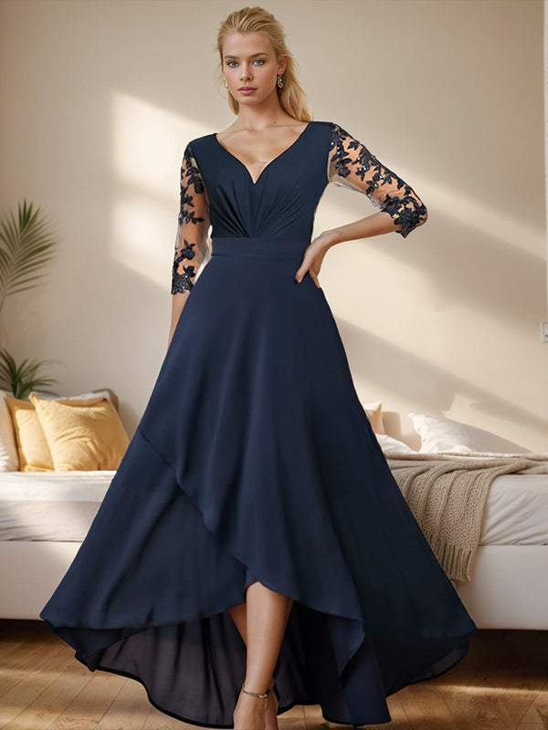A-line V-neck 3/4 Sleeves Ruffles Asymmetrical Chiffon Mother of the Bride Dress