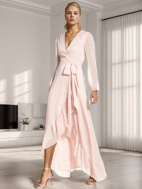 A-line V-neck Long Sleeves Ruffles Asymmetrical Satin Chiffon Mother of the Bride Dress