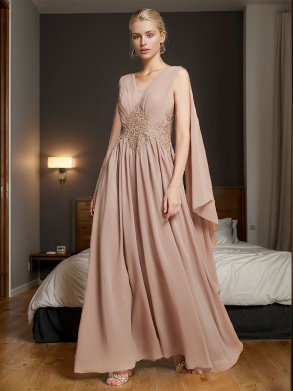 A-line V-neck Applique Floor-Length Chiffon Mother of the Bride Dress
