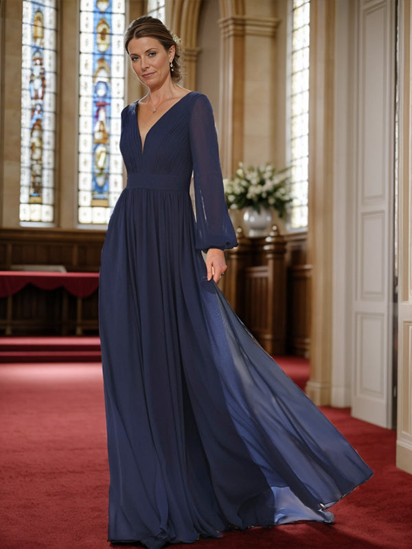 A-line V-neck Long Sleeves Ruffles Floor-Length Chiffon Mother of the Bride Dress