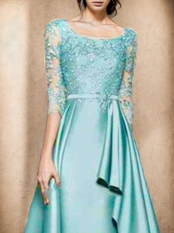 A-line Scoop 3/4 Sleeves Ruffles Floor-Length Satin Mother of the Bride Dress