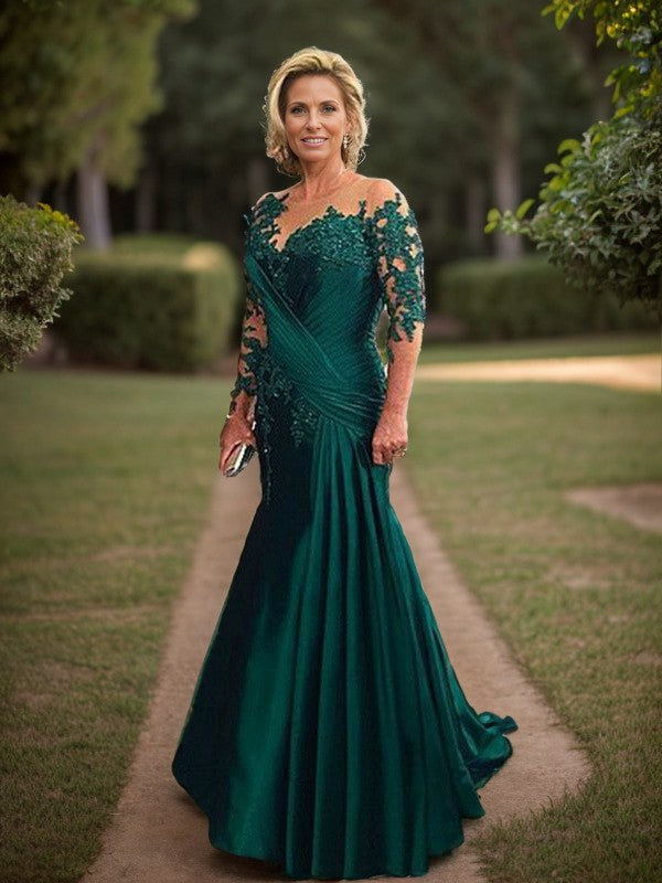Sheath Bateau Long Sleeves Appliques Lace Sweep Train Silk like Satin Mother of the Bride Dress