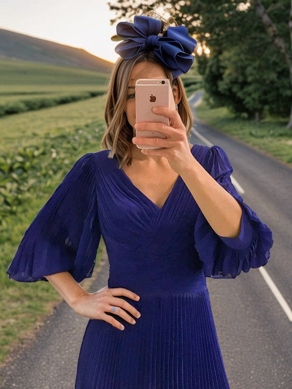 A-line V-neck 3/4 Sleeves Pleated Tea-Length Chiffon Mother of the Bride Dress