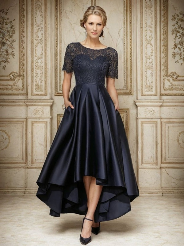 A-Line Bateau Short Sleeves Appliques Lace Asymmetrical Satin Mother of the Bride Dress