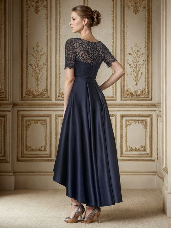 A-Line Bateau Short Sleeves Appliques Lace Asymmetrical Satin Mother of the Bride Dress