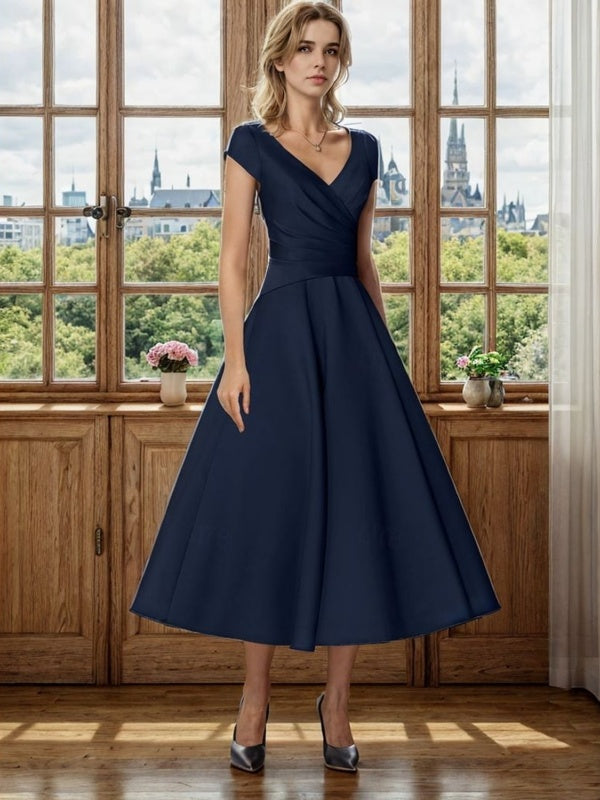 A-Line V-neck Short Sleeves Pleated Tea-Length Satin Mother of the Bride Dress