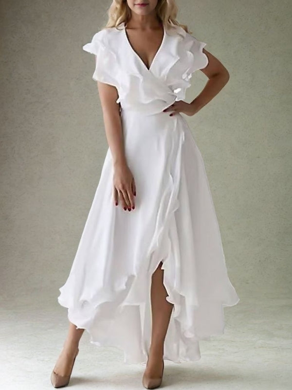 A-line V-neck Ruffles Asymmetrical Chiffon Mother of the Bride Dress