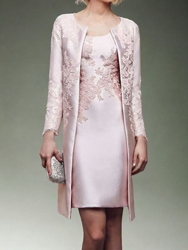 Sheath Scoop Long Sleeves Appliques Lace Short/Mini Satin Mother of the Bride Dress