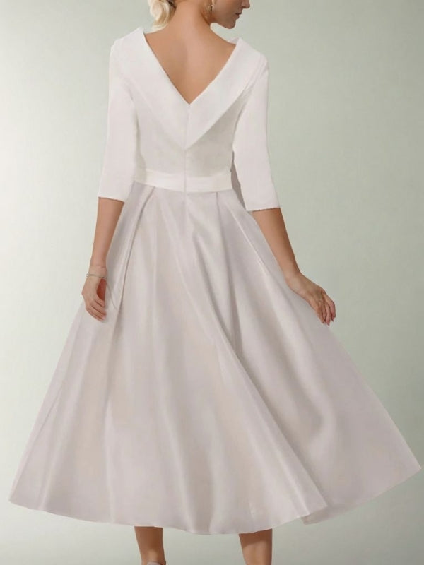 A-Line Scoop 1/2 Sleeves Tea-Length Satin Mother of the Bride Dress