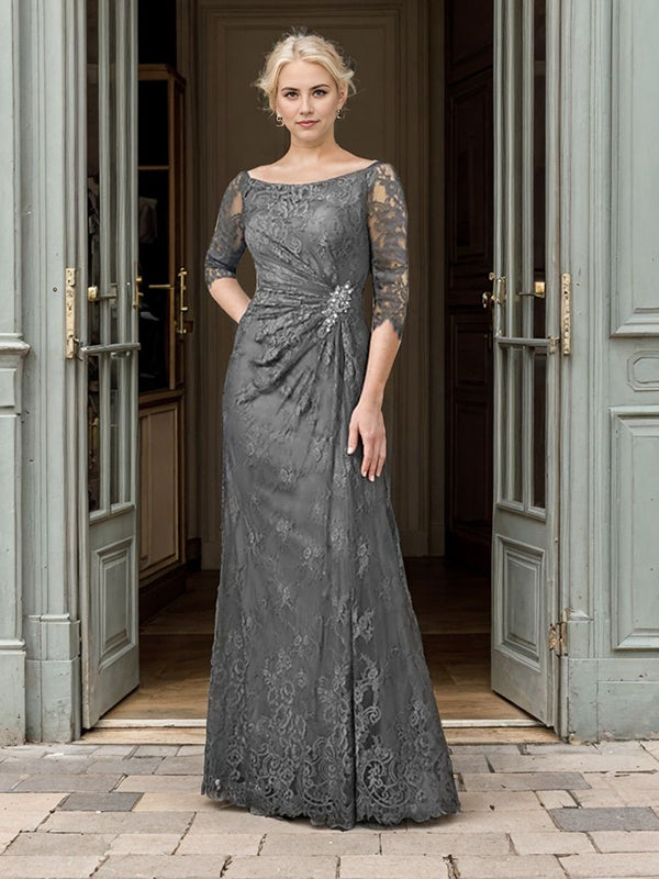 A-line Bateau 3/4 Sleeves Pleated Floor-Length Lace Mother of the Bride Dress