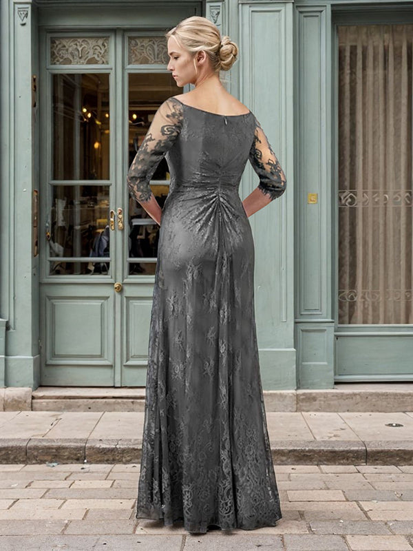 A-line Bateau 3/4 Sleeves Pleated Floor-Length Lace Mother of the Bride Dress