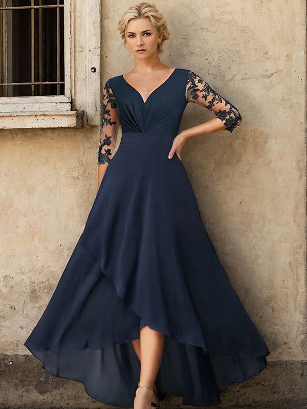 A-line V-neck 3/4 Sleeves Pleated Asymmetrical Chiffon Mother of the Bride Dress