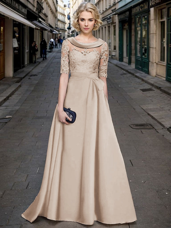 A-line Scoop Short Sleeves Appliques Lace Floor-Length Satin Mother of the Bride Dress