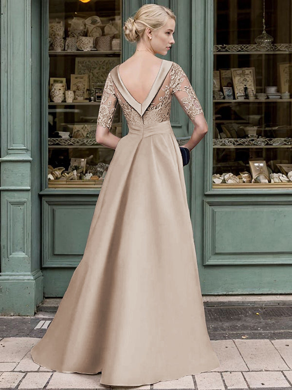 A-line Scoop Short Sleeves Appliques Lace Floor-Length Satin Mother of the Bride Dress