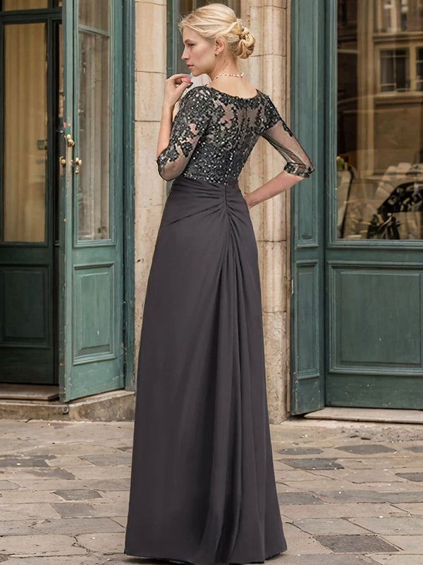 A-line Sweetheart 3/4 Sleeves Appliques Lace Floor-Length Chiffon Mother of the Bride Dress