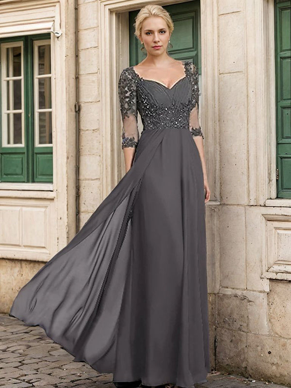 A-line Sweetheart 3/4 Sleeves Appliques Lace Floor-Length Chiffon Mother of the Bride Dress
